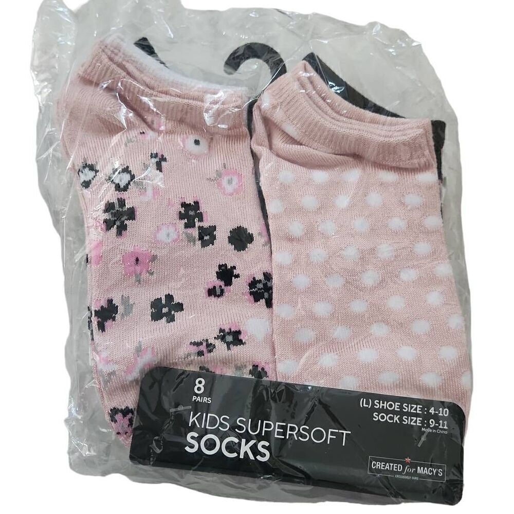 8 Pairs Kids Super Soft Ankle Socks Asst Pattern Pink Black White Gray Size 4-10